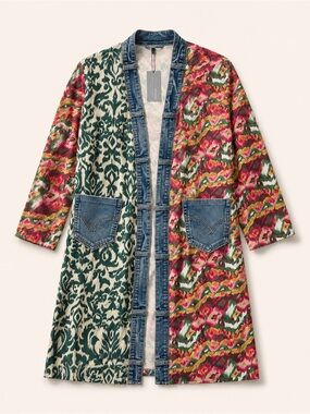 Mixed Ikat Open Trench Coat with Denim Trim - Multicolor